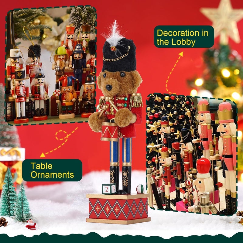 BXO Store Christmas Decorations Nutcracker Figures,11 inch Wooden Nutcracker Premium Plush Bear Drummer Ornaments,Festive Collectible Christmas Nutcracker Figures Party Tabletop Thanksgiving Decor(Bear Drummer) - Image 3